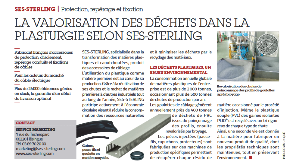 Article de presse sur la valorisation des déchets dans la plasturgie selon SES-STERLING publié dans le magazine Usine Nouvelle en mai 2023